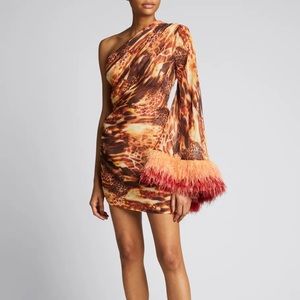 Bronx and Banco: Fire-Print One-Shoulder Feather-Cuff Mini Dress